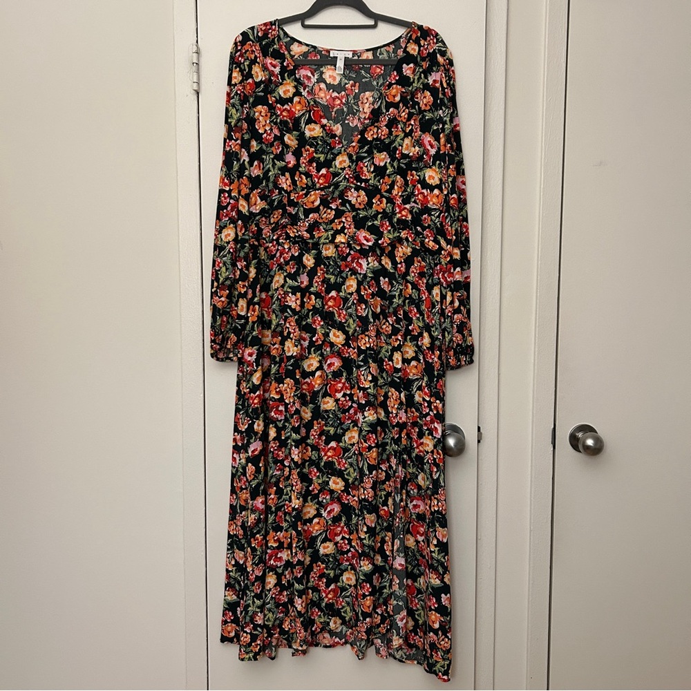 Leith Women’s V-Neck Floral Maxi Dress in Forest Green w/ Flowers (Plus Size 2X)